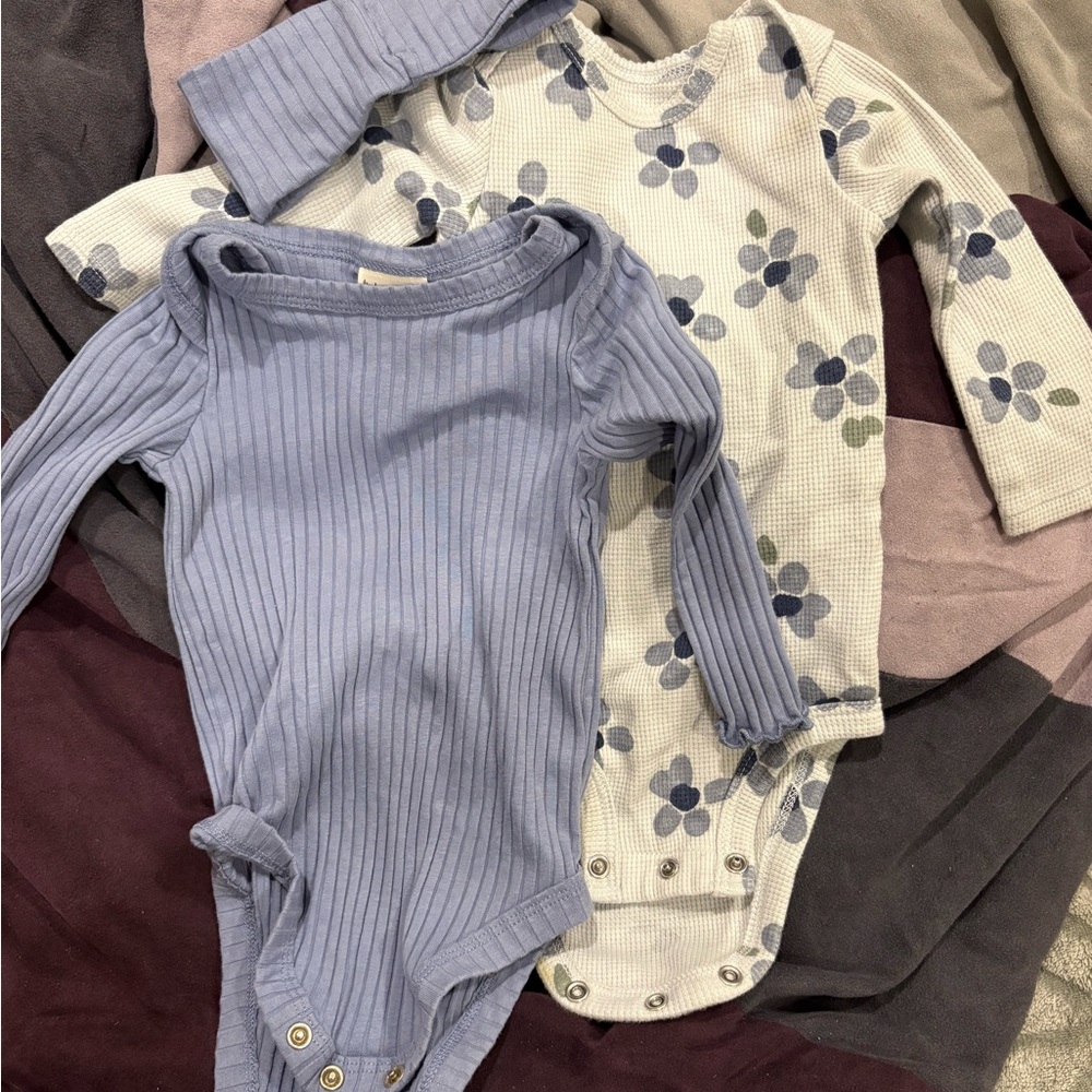 Floral and Solid Blue Kids One Piece Set